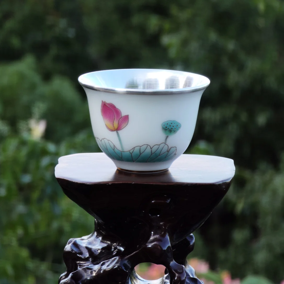 桃源境 荷花羊脂玉白瓷包银（足银Ag999）品茗杯 主人杯 茶杯