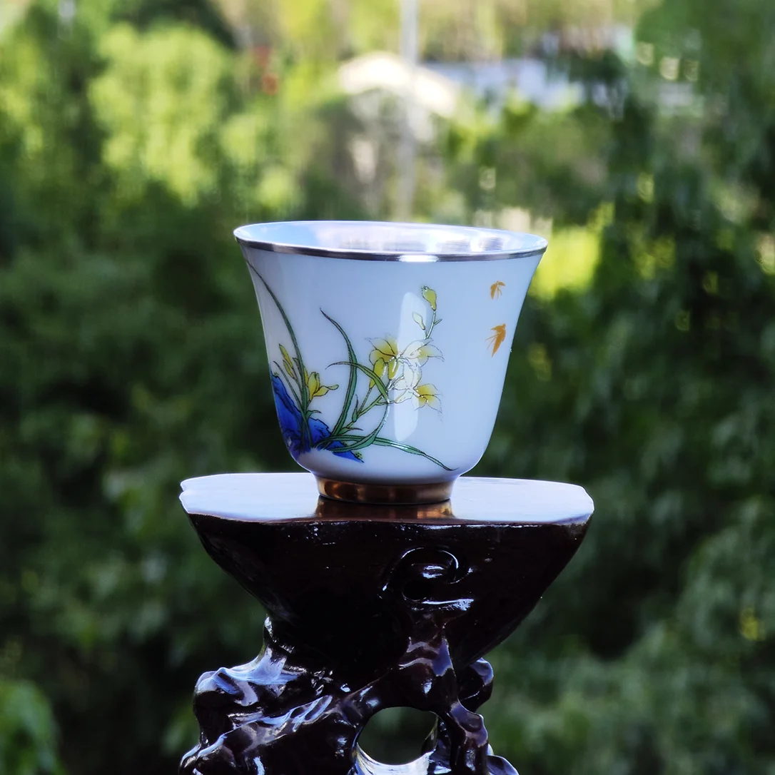 桃源境 兰花白瓷包银（足银Ag999）品茗杯 主人杯 茶杯