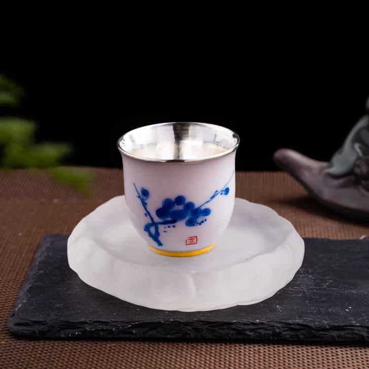 桃源境 手绘梅花白瓷包银（足银Ag999）品茗杯 主人杯 茶杯