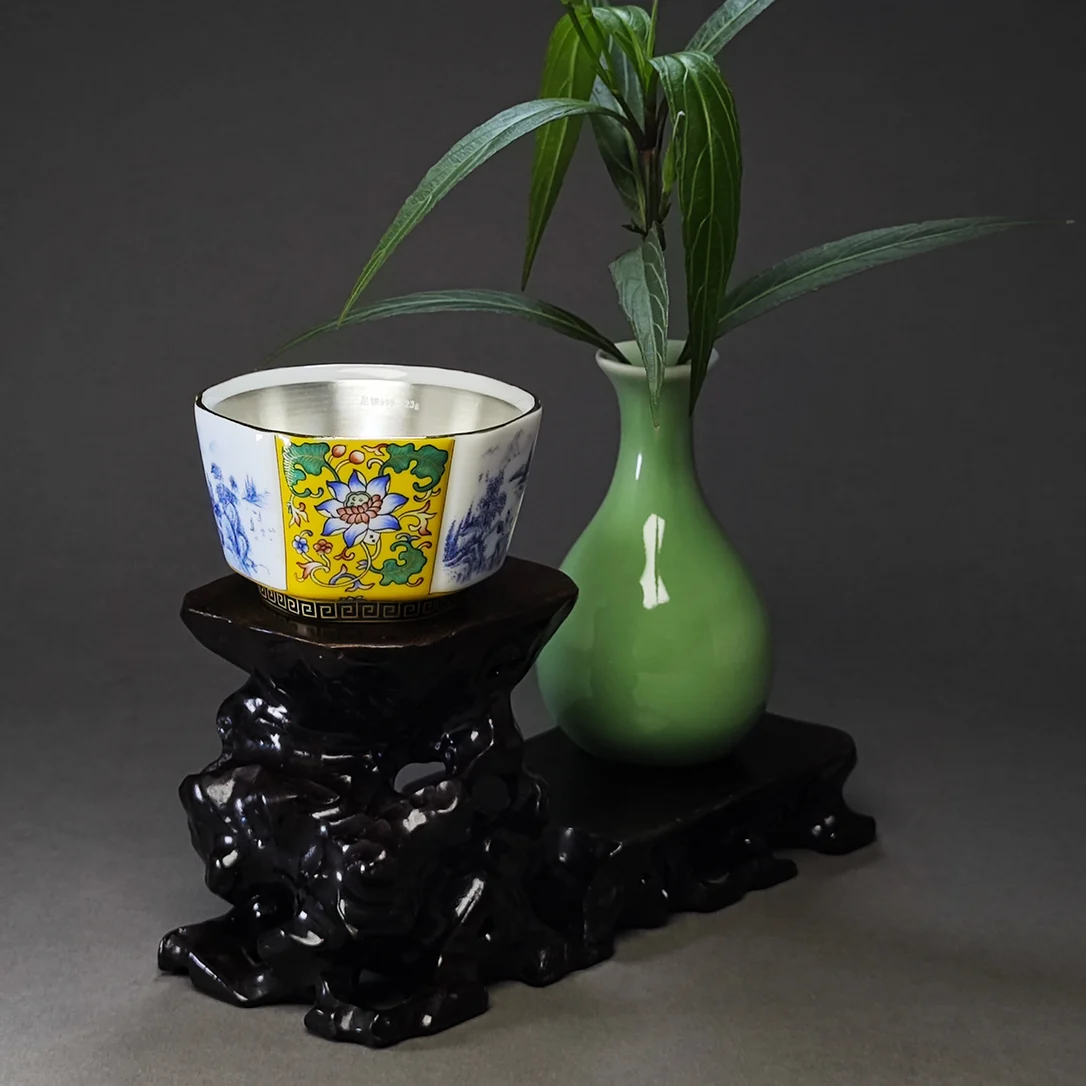 桃源境 珐琅彩白瓷包银（足银Ag999）黄色六方杯 品茗杯 主人杯 茶杯
