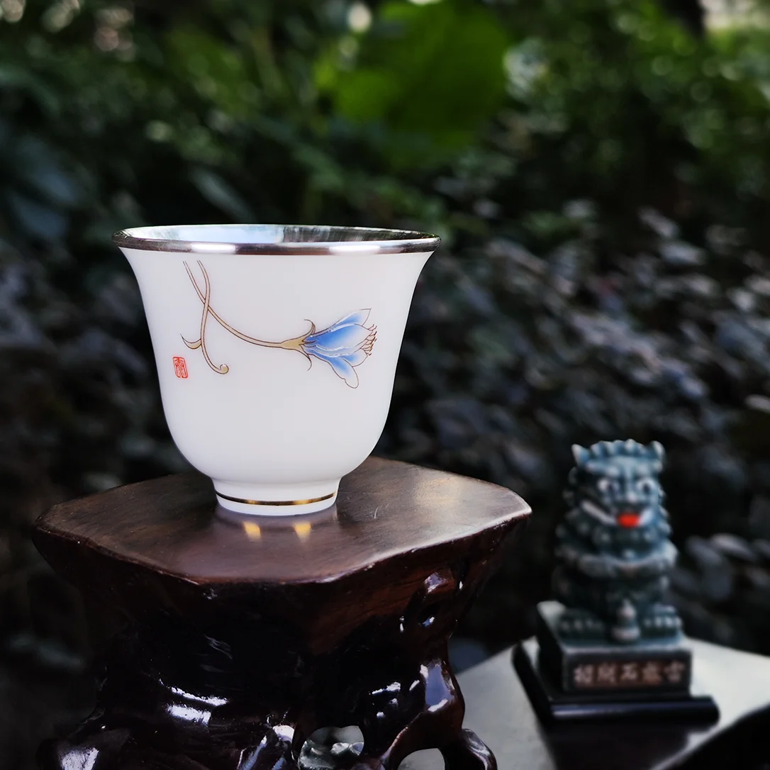 桃源境 玉兰花羊脂玉白瓷包银（足银Ag999）品茗杯 主人杯 茶杯
