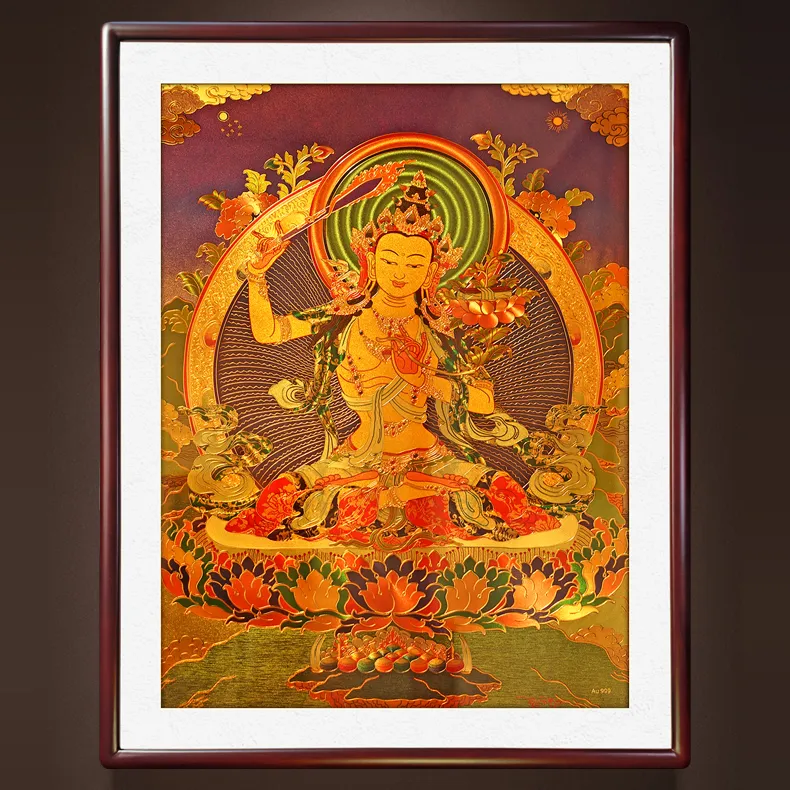 文殊菩萨 Au999足金 复刻非遗手工拉萨堆绣唐卡 装饰画 工艺画 桃源境出品